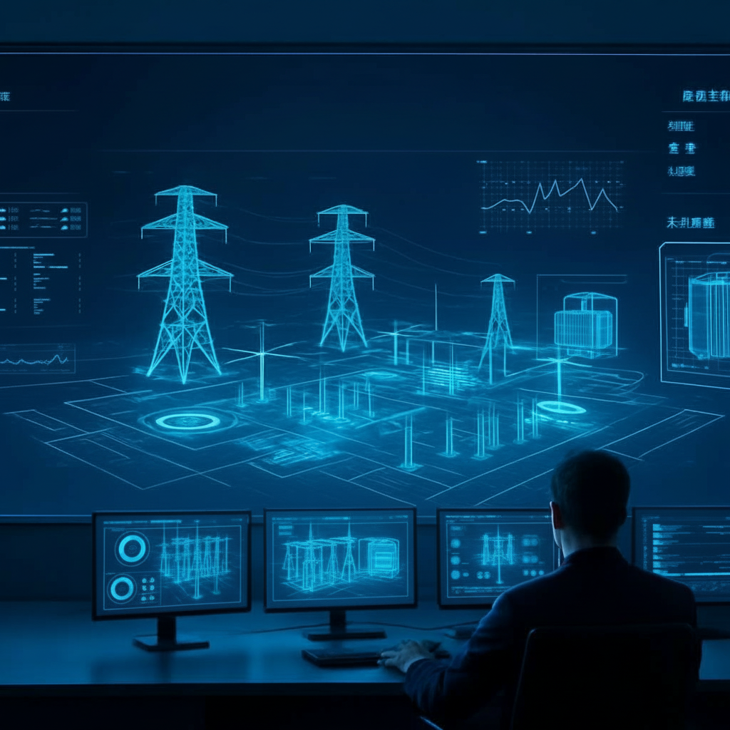 Digital monitoring of smart substations Man monitoring smart electrical substation digital interface with power grid visuals